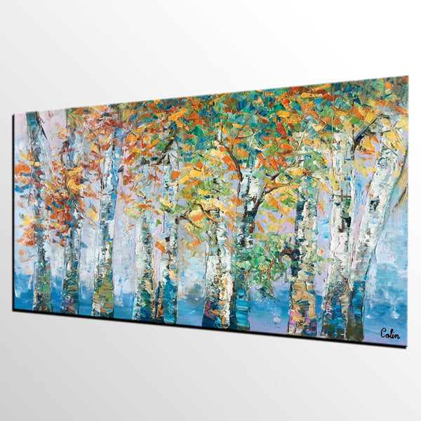 Birch Tree Paintings, Landscape Wall Art Paintings, Custom Canvas Painting for Bedroom, Original Canvas Painting