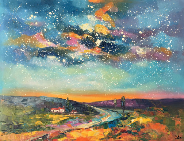 Canvas Wall Art, Abstract Landscape Art, Starry Night Sky, Bedroom Wall Art, Custom Abstract Art Painting, Oil Painting