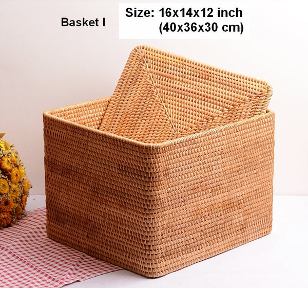 Woven Rattan Baskets, Rectangular Basket with Lid, Rectangular Storage Baskets, Storage Basket for Bedroom, Kitchen Storage Baskets-ArtWorkCrafts.com