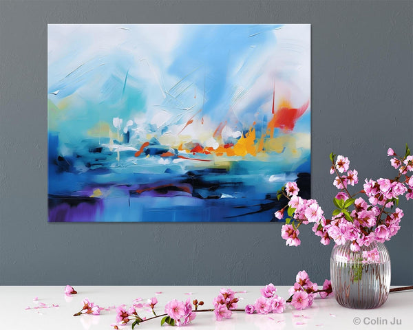 Hand Painted Canvas Art, Blue Original Wall Art Painting for Bedroom, Extra Large Modern Canvas Paintings, Acrylic Paintings on Canvas-ArtWorkCrafts.com