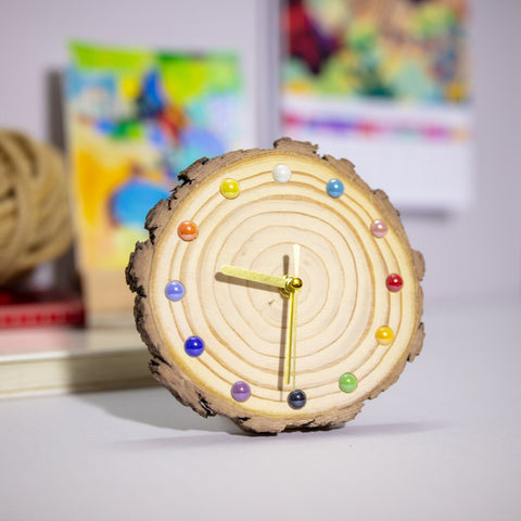 Handcrafted Pine Wood Tabletop Clock with Ceramic Bead Hour Markers | Eco-Friendly Home Decor | Unique Artisanal Design | One of A Kind-ArtWorkCrafts.com
