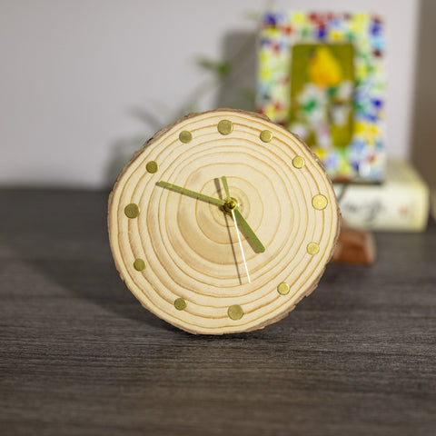 Handcrafted Pine Wood Table Clock with Gold Metal Hour Markers - Eco-Friendly Home Decor - Handmade Pine Wood Dial, Silent Quartz Movement-ArtWorkCrafts.com