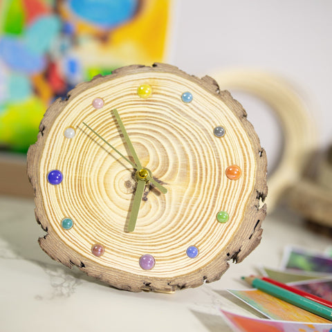 Natural Wood Table Clock with Vibrant Ceramic Hour Markers - Sustainable Home Accent - Unique Handmade Wooden Clock - Artisan Crafted-ArtWorkCrafts.com