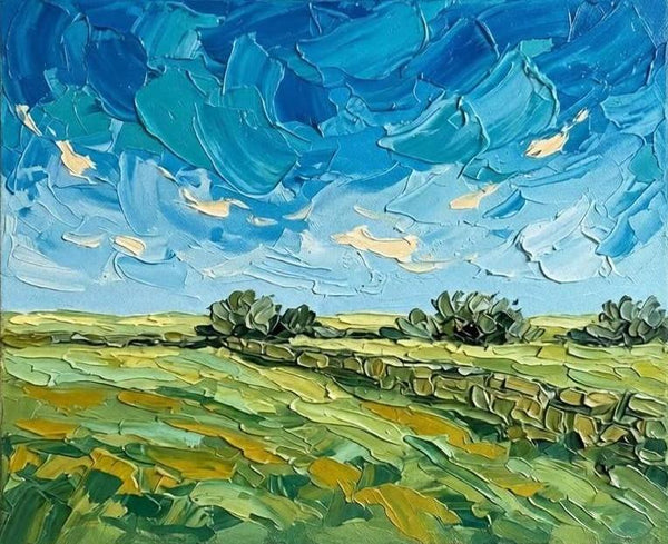 Rural Prairie Under Turbulent Clouds, Original Landscape Paintings, Original Oil Paintings, Heavy Texture Paintings, Hand Painted Canvas Art, Small Canvas Artwork