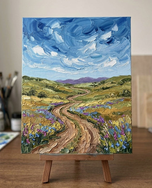 Original Small Paintings for Sale, Winding Path Under Cloudy Sky, Original Landscape Paintings, Small Artwork for Sale, Hand Painted Canvas Art, Impasto Paintings