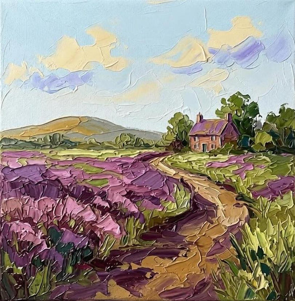 Original Landscape Paintings, Winding Path Through Purple Fields, Miniature Original Artwork, Hand Painted Canvas Art, Small Canvas Wall Art Paintings, Heavy Texture Artwork