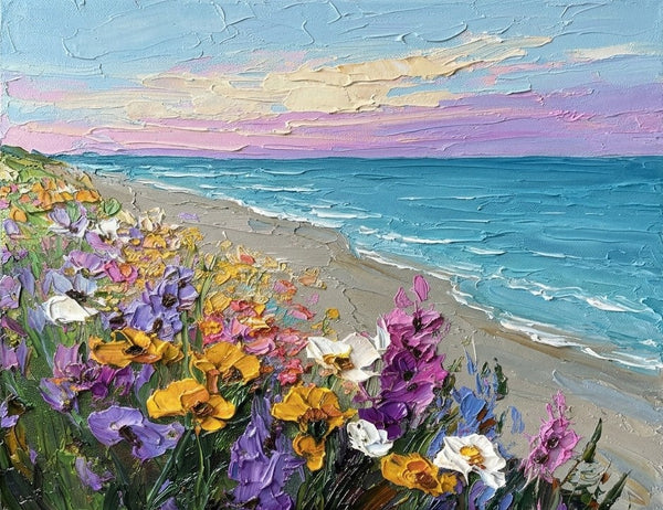 Heavy Texture Painting on Canvas, Flower Tide by the Shore, Original Oil Paintings, Small Canvas Artwork for Sale, Original Seascape Paintings