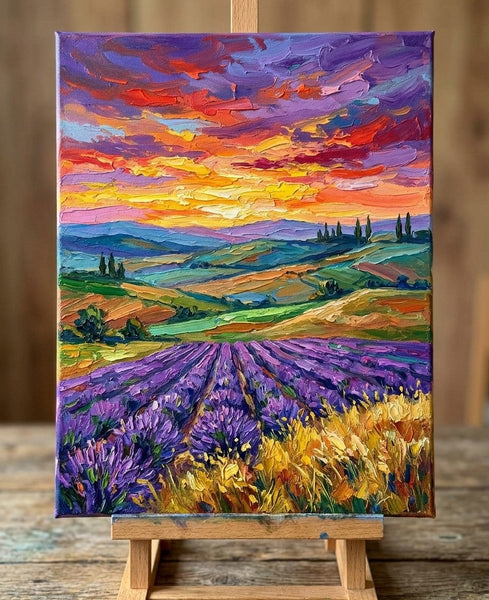 Original Small Paintings, Sunset Over Lavener Fields, Original Landscape Paintings, Hand Painted Canvas Art, Impasto Paintings  for Sale, Small Artwork for Sale