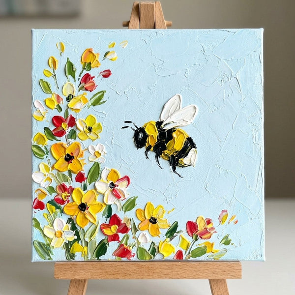 Impasto Artwork, Original Acrylic Paintings, Miniature Canvas Painting, Blooming Flowers and Busy Bee, Small Art for Sale, Cute Small Canvas Wall Art, Hand Painted Canvas Art