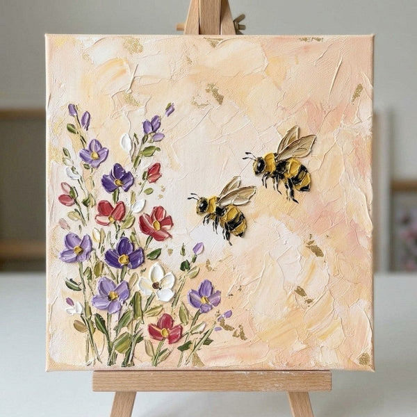 Blooms and Busy Bees, Miniature Canvas Painting, Hand Painted Canvas Art, Impasto Artwork, Original Acrylic Paintings, Buy Small Art Online, Small Canvas Wall Art