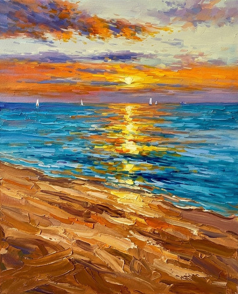 Small Canvas Wall Art Paintings, Sails Chasing Sunset Ripples, Original Seascape Paintings, Hand Painted Canvas Art, Impasto Heavy Texture Art, Original Artwork for Sale