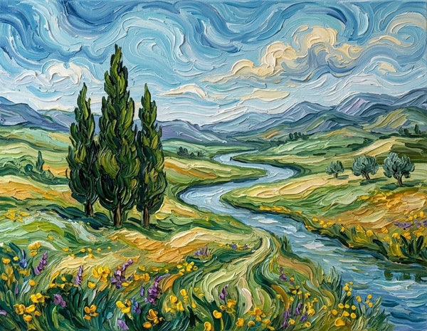 Cypress Riverside Under Swirling Clouds, Original Oil Paintings, Original Landscape Paintings, Impasto Heavy Texture Artwork, Hand Painted Canvas Art, Small Canvas Art