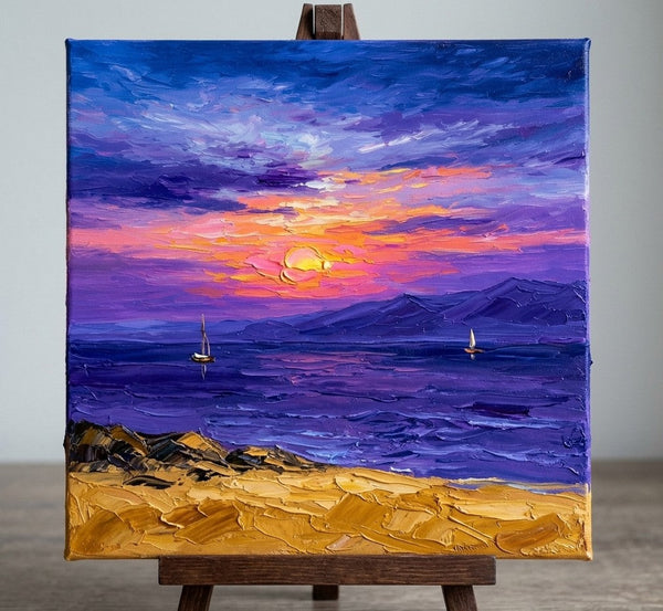 Hand Painted Canvas Art, Sail Boat Sunset Painting, Original Seascape Paintings, Miniature Canvas Art, Original Oil Paintings, Buy Small Artwork Online