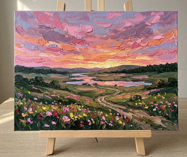 Original Oil Paintings for Sale, Sunset Over the Wildflower Vallery, Original Landscape Paintings, Buy Small Paintings Online, Hand Painted Canvas Art, Small Canvas Artwork