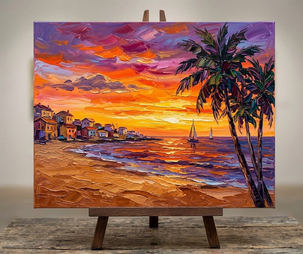 Tropical Sunset Sails on the Coast, Buy Small Paintings Online, Hand Painted Canvas Art, Original Seashore Paintings, Small Canvas Artwork for Sale