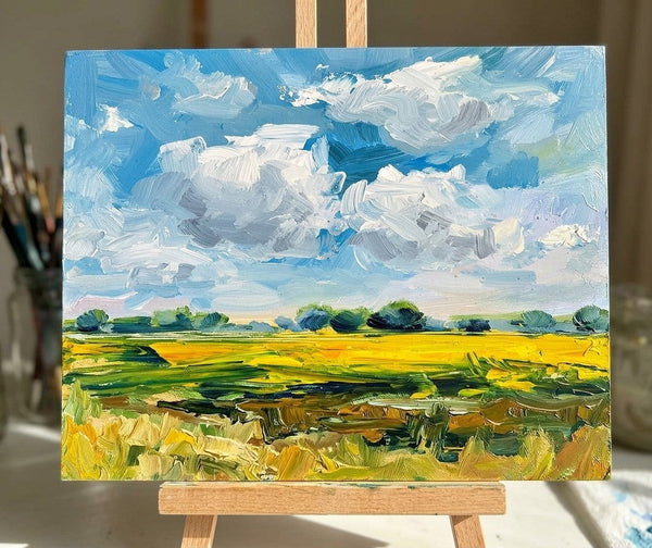 Small Canvas Wall Art Paintings, Golden Crops Under the Billowing Blue Sky, Original Landscape Paintings, Original Artwork for Sale, Hand Painted Canvas Art, Impasto Heavy Texture Art