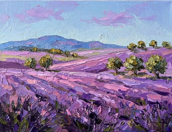 Summer Lavender Hills Under Soft Sky, Impasto Paintings, Heavy Texture Art, Original Landscape Paintings, Small Canvas Wall Art Paintings