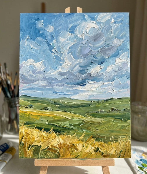 Impasto Heavy Texture Art, Original Landscape Paintings, Rolling Clouds Over Golden Wheat, Small Canvas Wall Art Paintings, Buy Original Artwork Online, Hand Painted Canvas Art