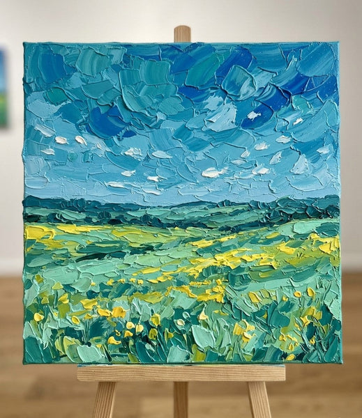 Hand Painted Canvas Art, Blue Sky and Wildflower Meadow, Heavy Texture Paintings, Original Seascape Paintings, Miniature Canvas Art, Original Oil Painting for Sale
