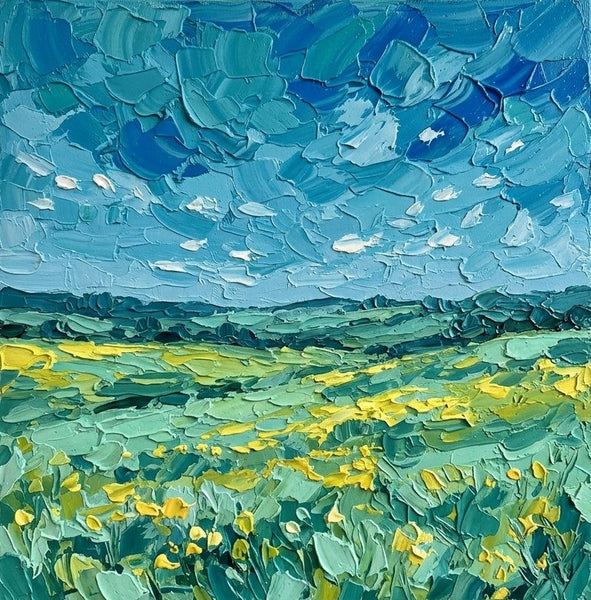Hand Painted Canvas Art, Blue Sky and Wildflower Meadow, Heavy Texture Paintings, Original Seascape Paintings, Miniature Canvas Art, Original Oil Painting for Sale