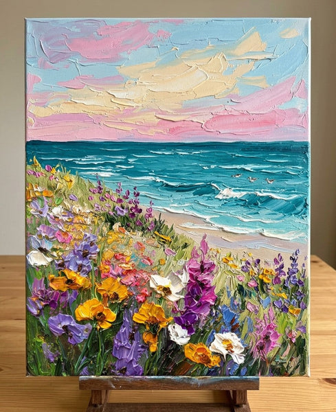 Flower Tide by the Seashore, Seashore Beach Painting, Small Canvas Artwork for Sale, Original Seascape Paintings, Original Oil Paintings, Heavy Texture Paintings on Canvas