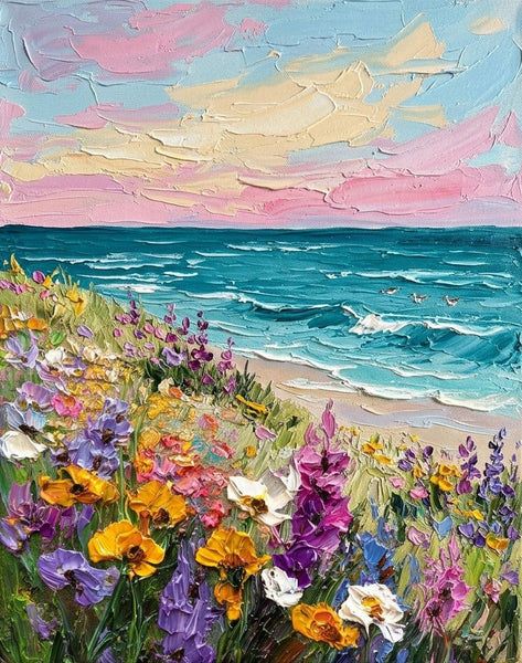 Flower Tide by the Seashore, Seashore Beach Painting, Small Canvas Artwork for Sale, Original Seascape Paintings, Original Oil Paintings, Heavy Texture Paintings on Canvas
