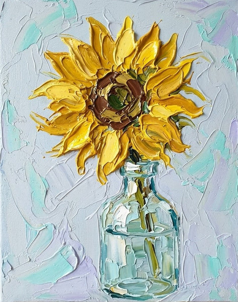 Original Oil Paintings, Impasto Sunflower in Glass Vase, Hand Painted Canvas Art, Original Flower Paintings, Small Canvas Artwork, Impasto Canvas Artwork