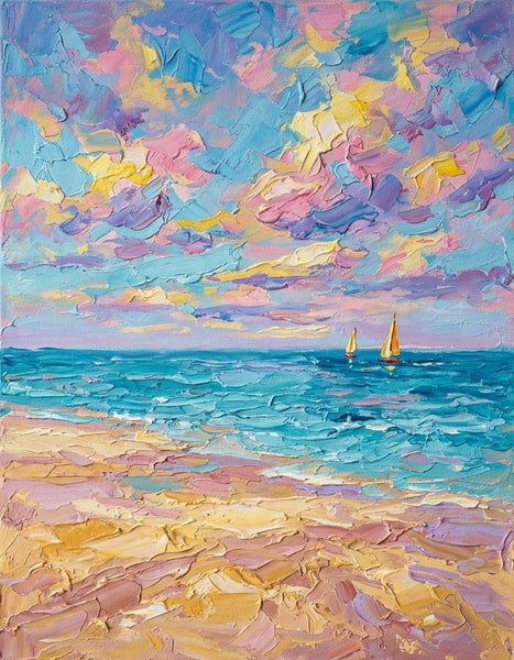 Two Golden Sailboats in Dreamy Seaview, Original Landscape Paintings, Heavy Texture Paintings, Hand Painted Canvas Art, Small Canvas Artwork, Original Oil Paintings