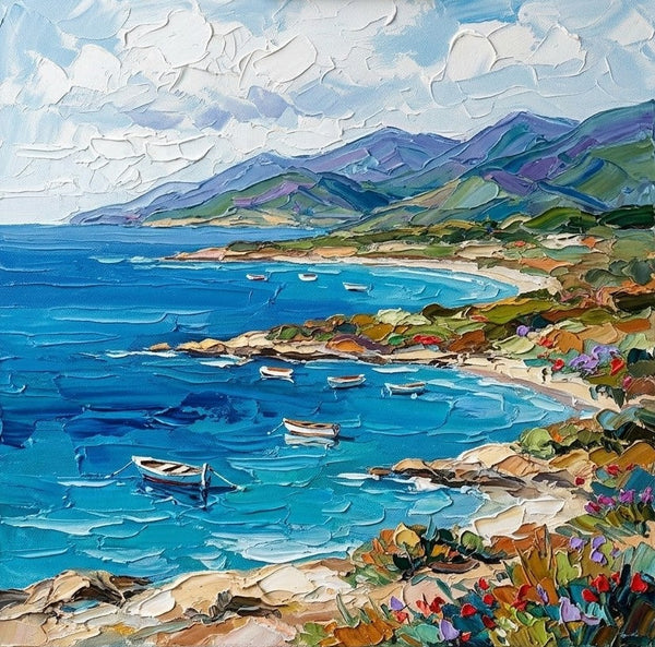 Original Oil Painting for Sale, Sunny Day on Azure Coast, Hand Painted Canvas Art, Heavy Texture Paintings, Original Seascape Paintings, Miniature Canvas Art