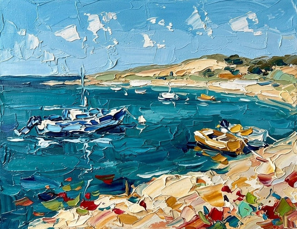 Heavy Texture Painting on Canvas, Blue Harbor Mooring Boats, Original Oil Paintings, Small Canvas Artwork for Sale, Original Seascape Paintings
