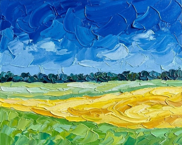 Original Landscape Paintings, Wheat Field under Deep Blue Sky, Small Canvas Wall Art Paintings, Buy Original Artwork Online, Hand Painted Canvas Art, Impasto Heavy Texture Art