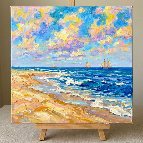Bright Blue Ocean with Distant Sails, Hand Painted Canvas Art, Heavy Texture Paintings, Original Seascape Paintings, Miniature Canvas Art, Original Oil Paintings