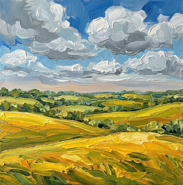Small Canvas Wall Art Paintings, Clouds Over Golden Fields, Original Landscape Paintings, Hand Painted Canvas Art, Impasto Heavy Texture Art, Original Artwork