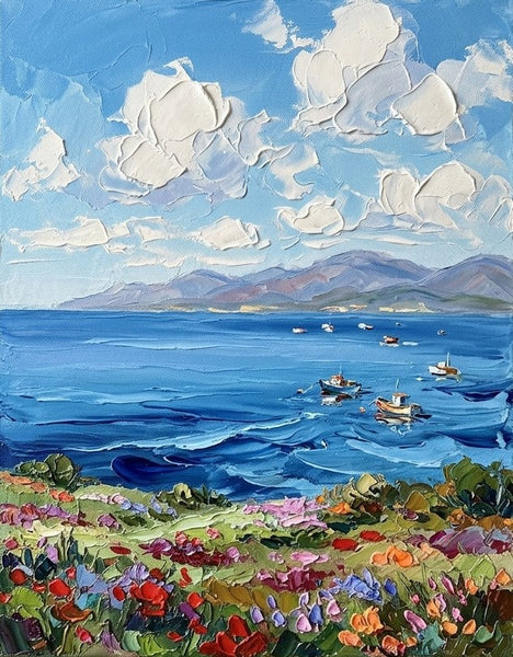 Heavy Texture Paintings on Canvas, Blooms Under Sunny Sea Sky, Impasto Painting, Original Seashore Paintings, Small Canvas Art