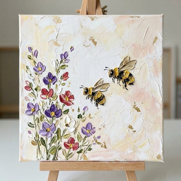 Miniature Canvas Painting, Blooming Flowers and Busy Bees, Hand Painted Canvas Art, Impasto Artwork, Original Acrylic Paintings, Buy Small Art Online, Cute Small Canvas Wall Art