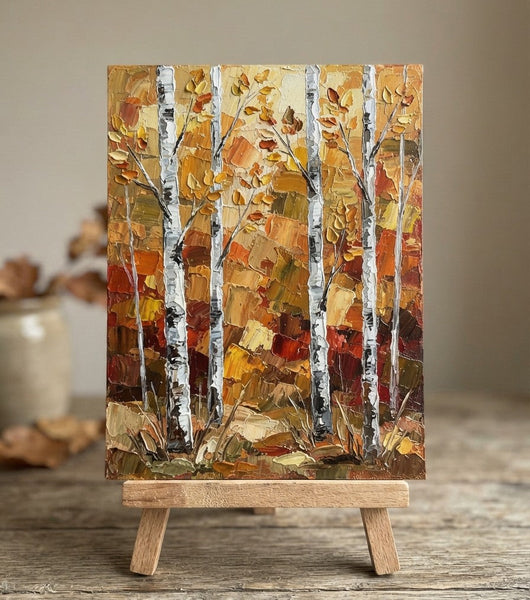 Hand Painted Canvas Art, Autumn Birch Tree Painting, Original Landscape Paintings, Small Canvas Wall Art Paintings, Impasto Palette Knife Art