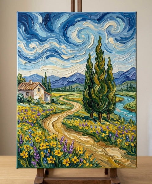 Original Landscape Paintings, Swirling Cypresses Under Starry Night Sky, Original Oil Paintings, Heavy Texture Paintings, Hand Painted Canvas Art, Small Canvas Artwork