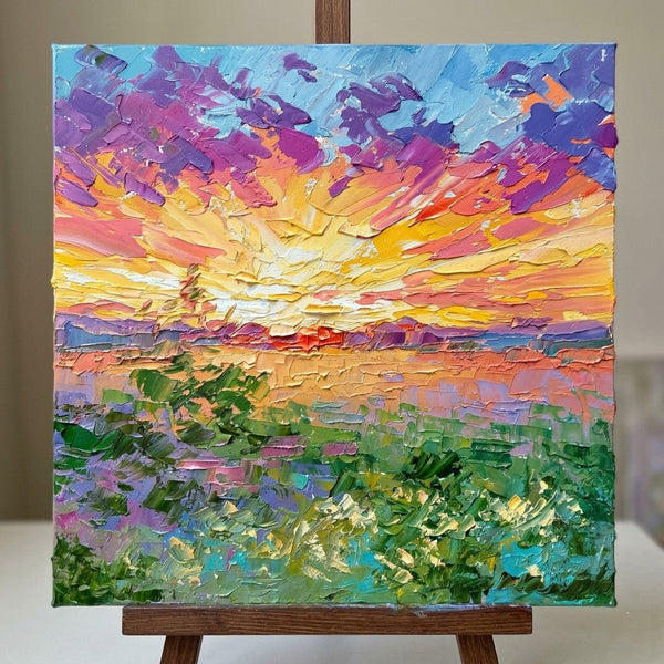 Original Oil Painting for Sale, Sunset Glow Over Golden Plains, Hand Painted Canvas Art, Heavy Texture Paintings, Original Landscape Paintings, Small Art on Canvas