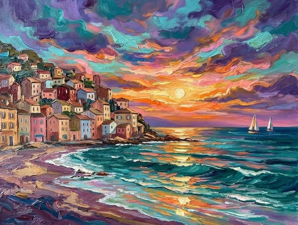 Heavy Texture Paintings, Sunset Glow Over the Harbor, Seashore Beach Painting, Small Canvas Artwork for Sale, Original Seascape Paintings, Small Paintings on Canvas
