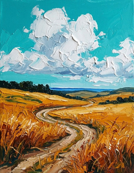 Golden Wheat Path, Original Landscape Paintings, Small Canvas Wall Art Paintings, Original Artwork for Sale, Hand Painted Canvas Art, Impasto Heavy Texture Art