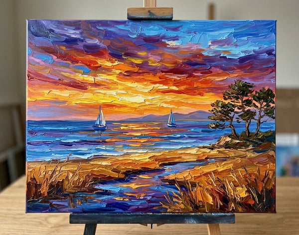 Original Oil Paintings, Sailboats Beneath Sunset Blaze, Original Seascape Paintings, Buy Small Paintings Online, Hand Painted Canvas Art, Small Canvas Artwork