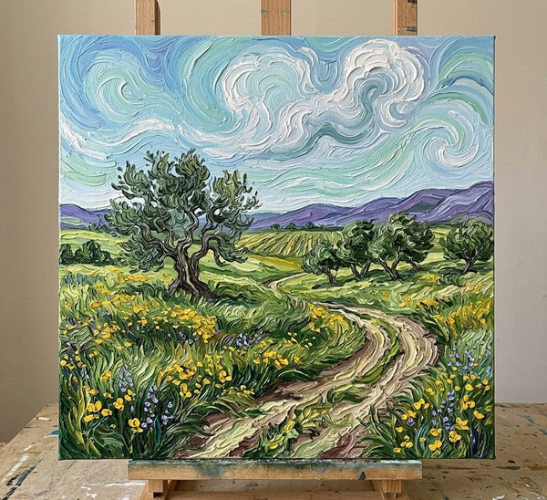 Wind Sweeping Clouds Over teh Green Plain, Hand Painted Canvas Art, Original Oil Painting for Sale, Heavy Texture Paintings, Original Landscape Paintings