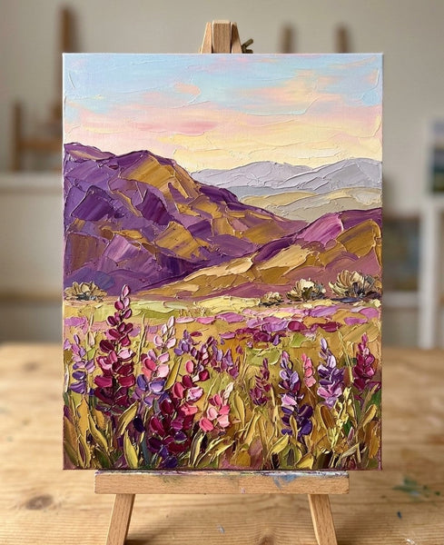 Abstract Landscape Paintings, Flowers Awaken Beneath Purple Hills, Small Canvas Artwork for Sale, Original Oil Paintings, Heavy Texture Paintings, Hand Painted Canvas Art