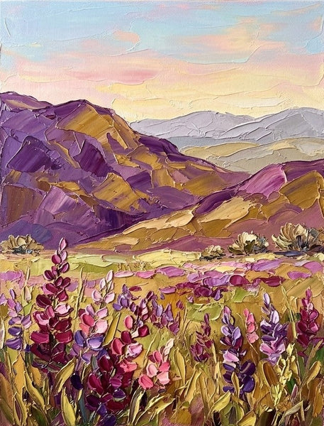 Abstract Landscape Paintings, Flowers Awaken Beneath Purple Hills, Small Canvas Artwork for Sale, Original Oil Paintings, Heavy Texture Paintings, Hand Painted Canvas Art