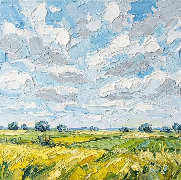 Abstract Landscape Paintings, Original Oil Painting for Sale, Sunny Clouds Drifting Over the Field, Hand Painted Canvas Art, Heavy Texture Paintings