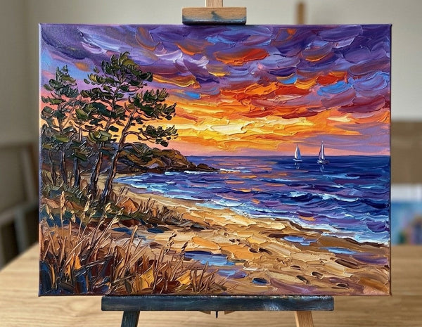 Sunset Sails on the Coast, Original Landscape Paintings, Original Oil Paintings, Buy Small Paintings Online, Hand Painted Canvas Art, Small Canvas Artwork for Sale