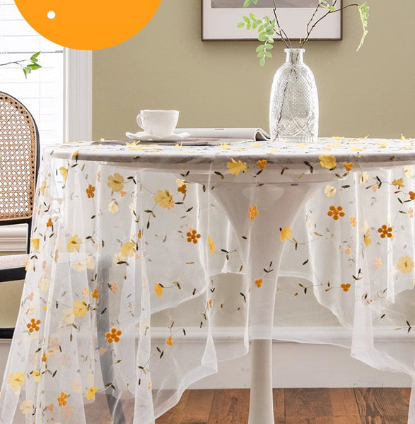 Yellow Flower Lace Tablecloths, Extra Large Rectangular Tablecloth for Oval Table, Lace Embroidered Table Covers, Rectangular Table Covers for Coffee Table-ArtWorkCrafts.com