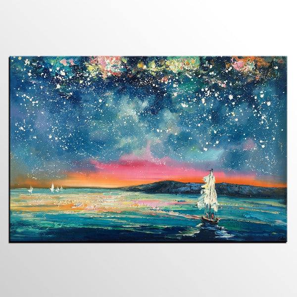 Landscape Oil Paintings, Sail Boat under Starry Night Sky Painting, Landscape Canvas Paintings, Custom Landscape Wall Art Paintings for Living Room