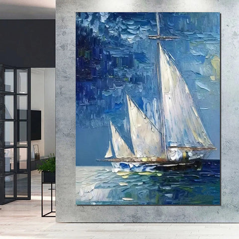 Modern Acrylic Canvas Painting, Simple Painting Ideas for Dining Room, Acrylic Painting on Canvas, Oversized Canvas Painting for Sale, Sail Boat Paintings-ArtWorkCrafts.com