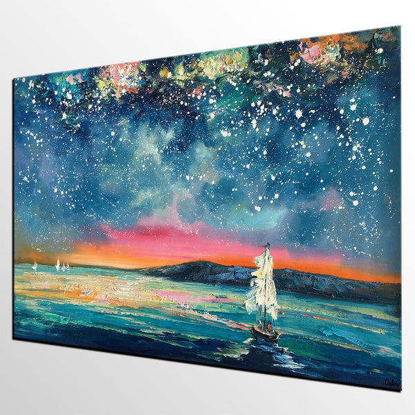 Landscape Oil Paintings, Sail Boat under Starry Night Sky Painting, Landscape Canvas Paintings, Custom Landscape Wall Art Paintings for Living Room